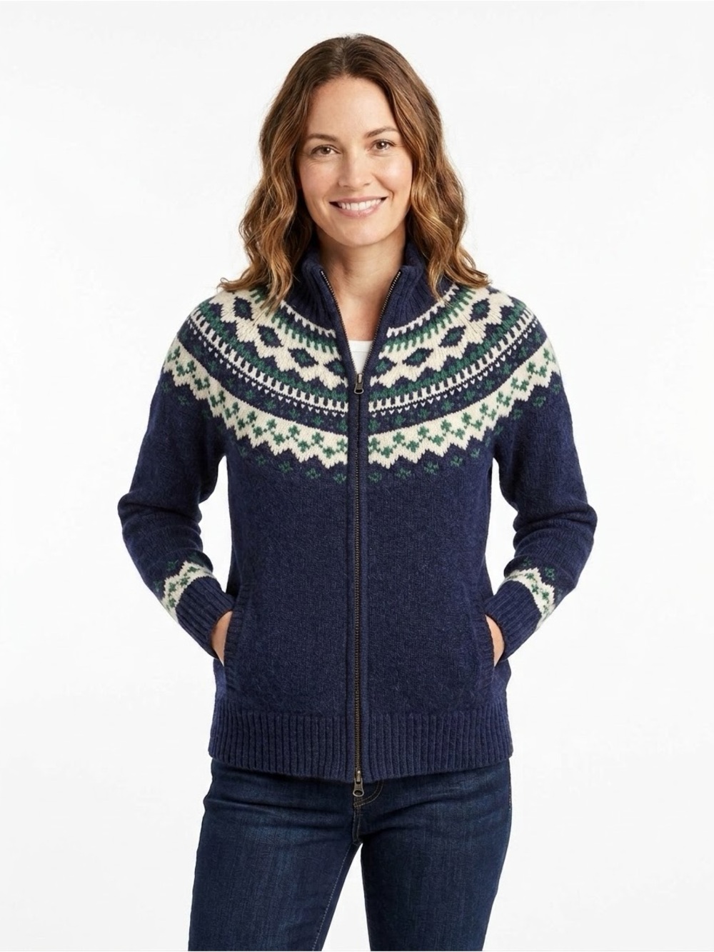L.L. Bean 100% Lambswool Fair Isle Full Zip Cardigan Sweater Navy Blue Medium M